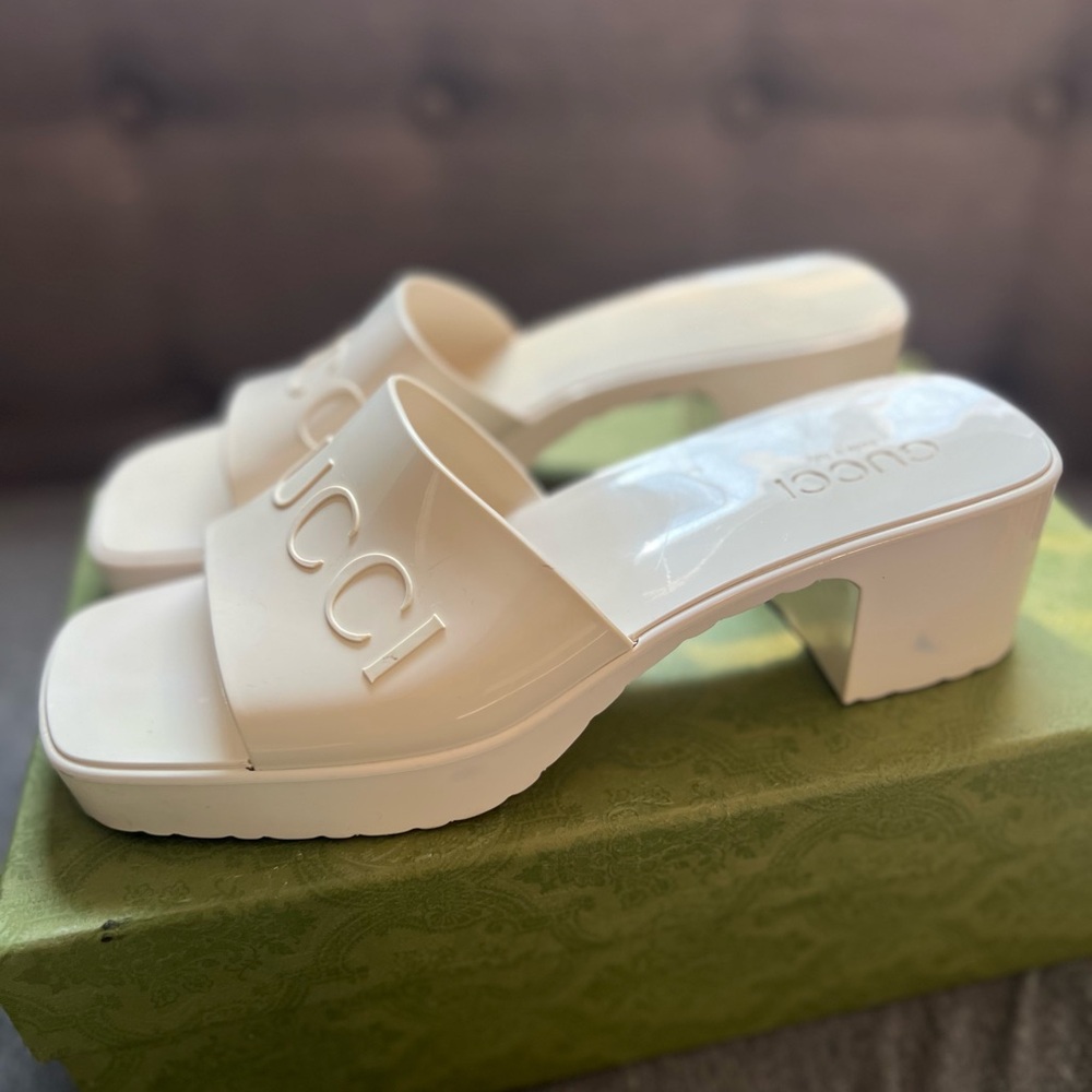 Gucci Rubber Logo Sandals White Glossy Mule Platform Slide 39 - Picture 6 of 8